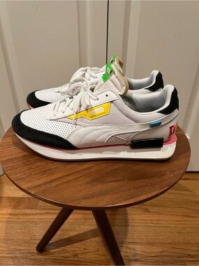 Puma White Sneakers with Yellow, Pink & Black Accents